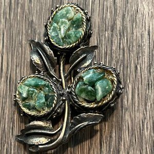 Bronze/Jade . Three Leaf clover Brooch pin.